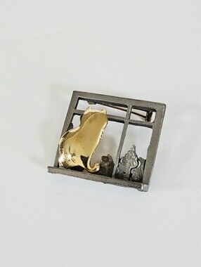 Vintage Ultra Craft Victorian Window Gold Tone Cat Kitten Pewter Brooch Pin